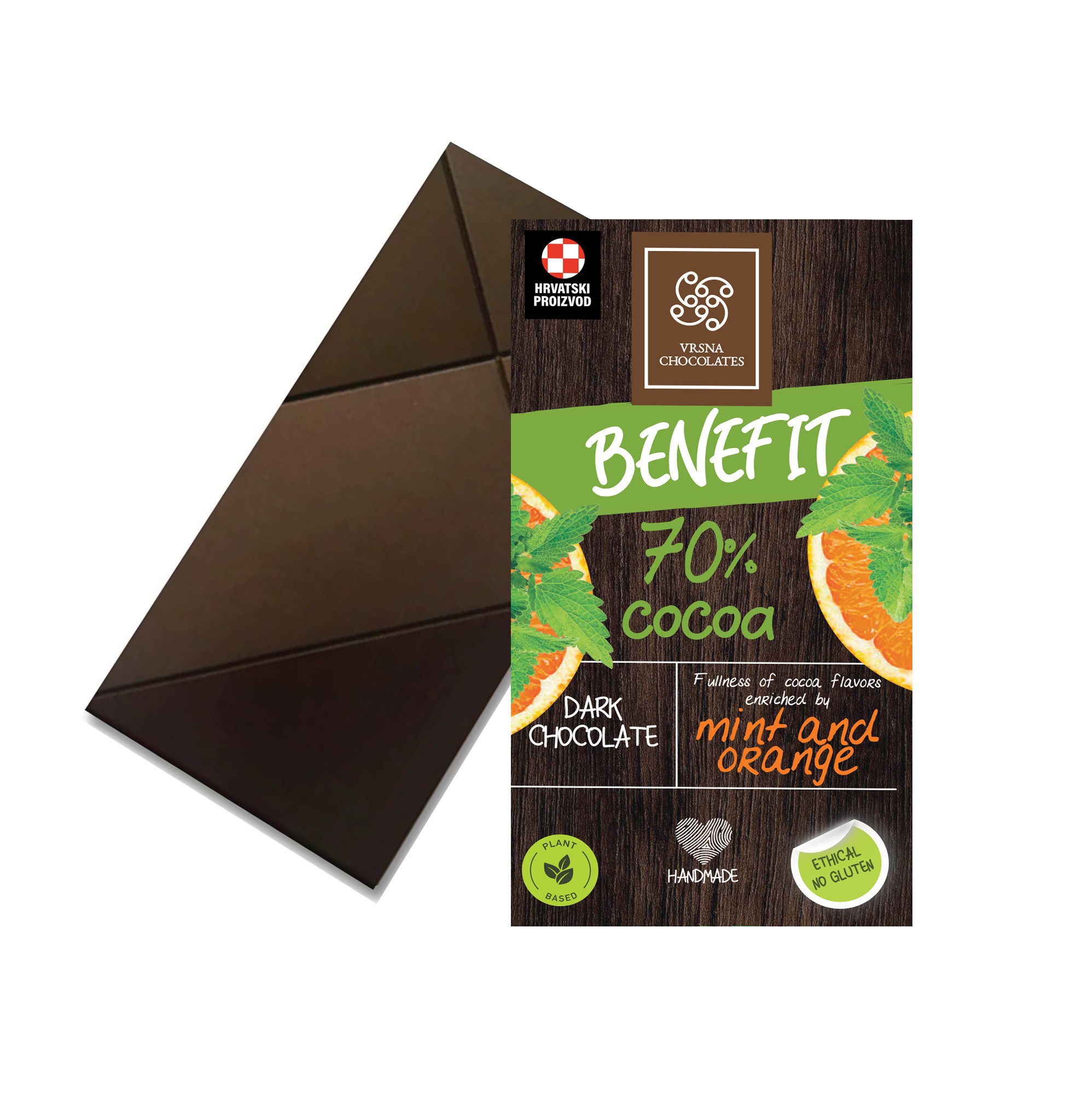 BENEFIT – Dark chocolate (70%) with orange and mint essential oils, 70g